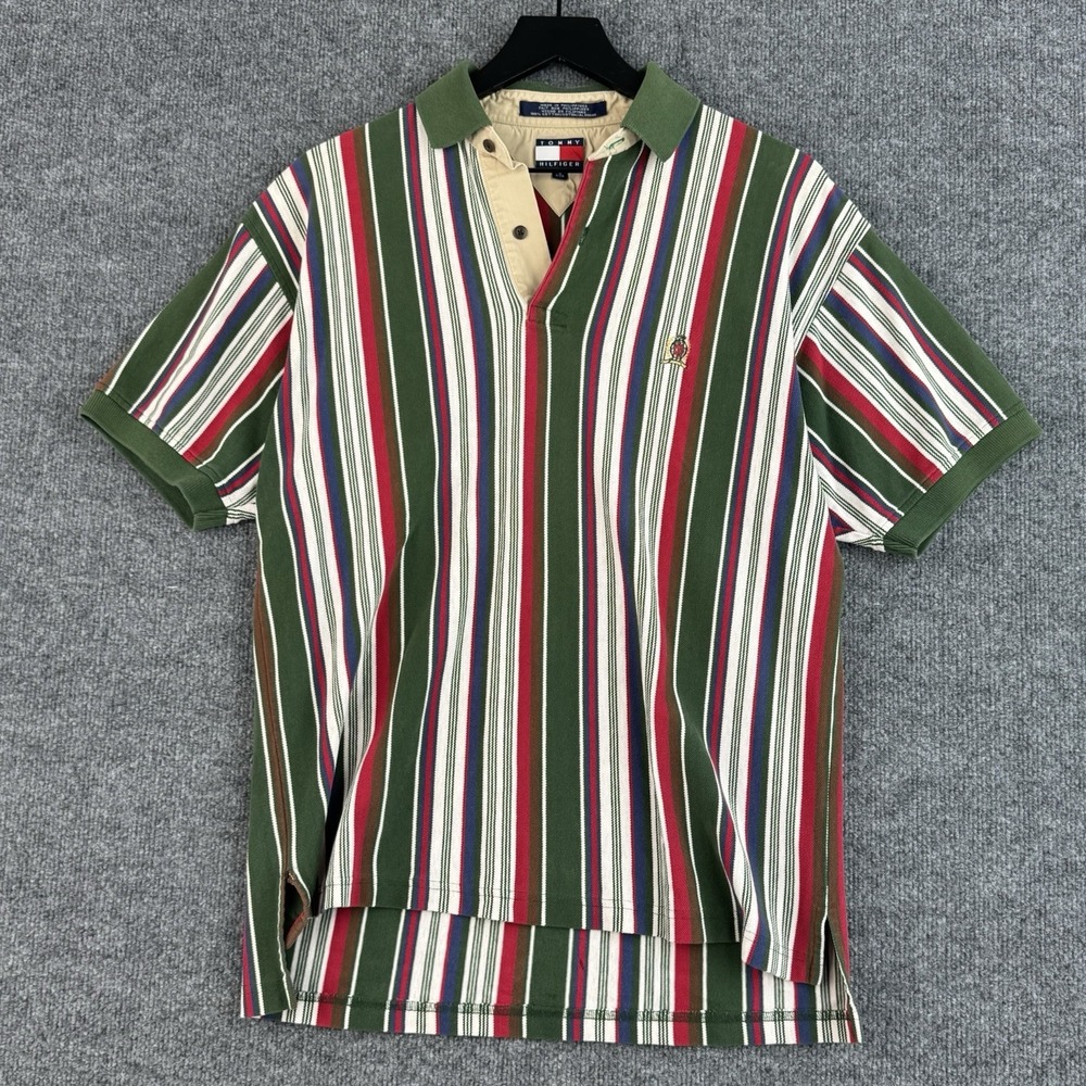 Vintage Tommy Hilfiger Polo Shirt Mens S Green Stripe Casual Short Sleeve Y2K